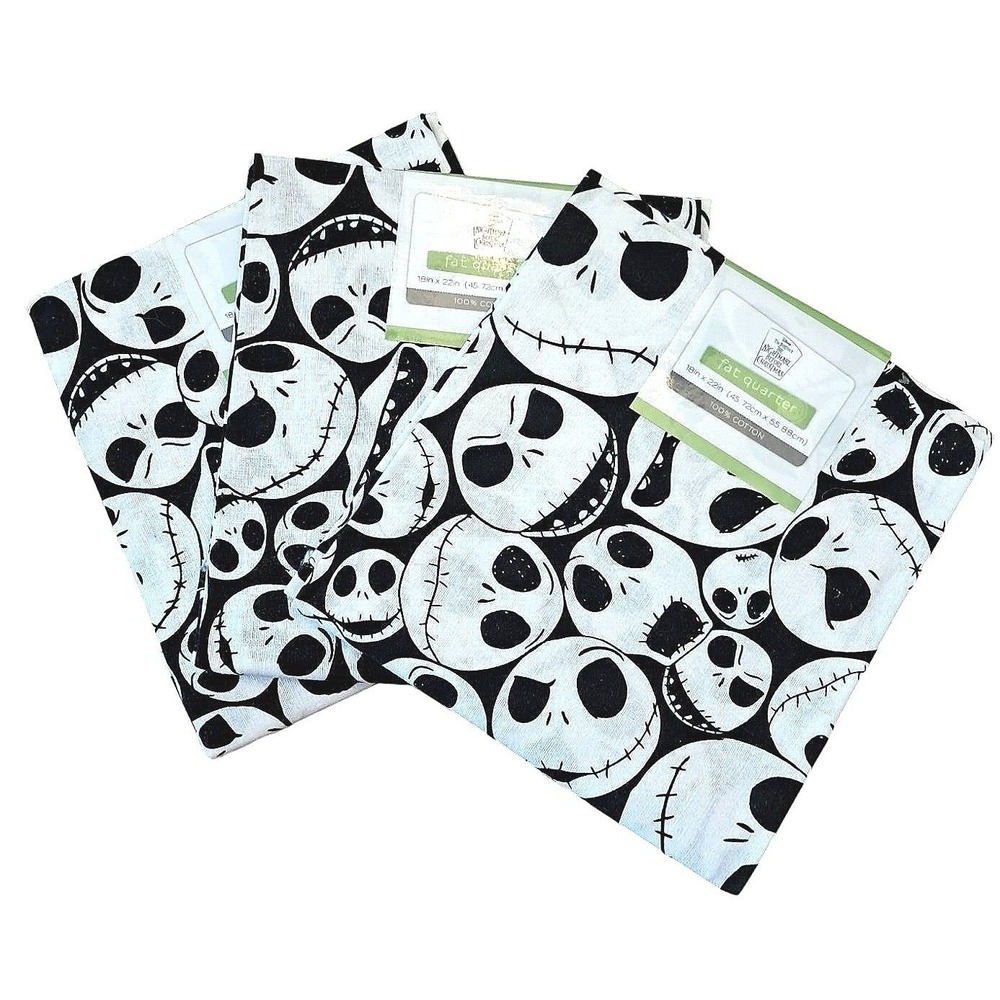 Spooky Disney Jack Skellington Fabric Fat Quarter 3PK Black White Gothic Cotton